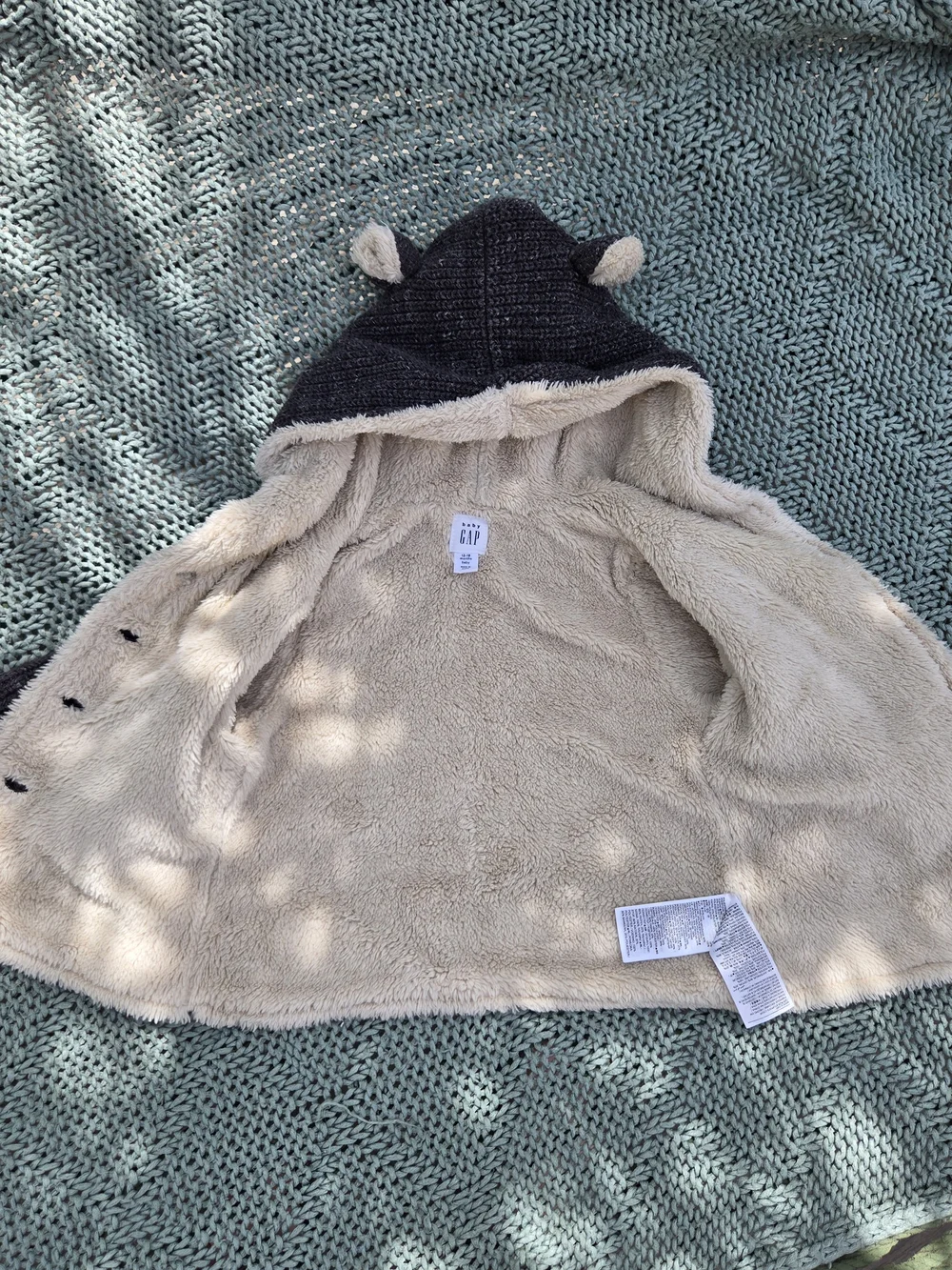 GAP Kids Charcoal Hooded Knit Jacket with Cream Sherpa Lining